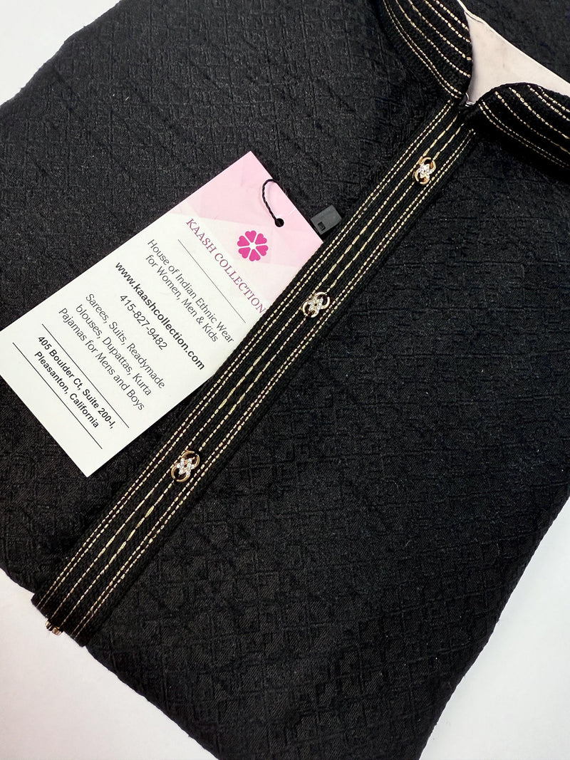 Black Color Raw Silk Men Kurta Pajama with Self Design material with Self Weave Pattern | Men Ethnic Wear | Wedding Wear Kurta