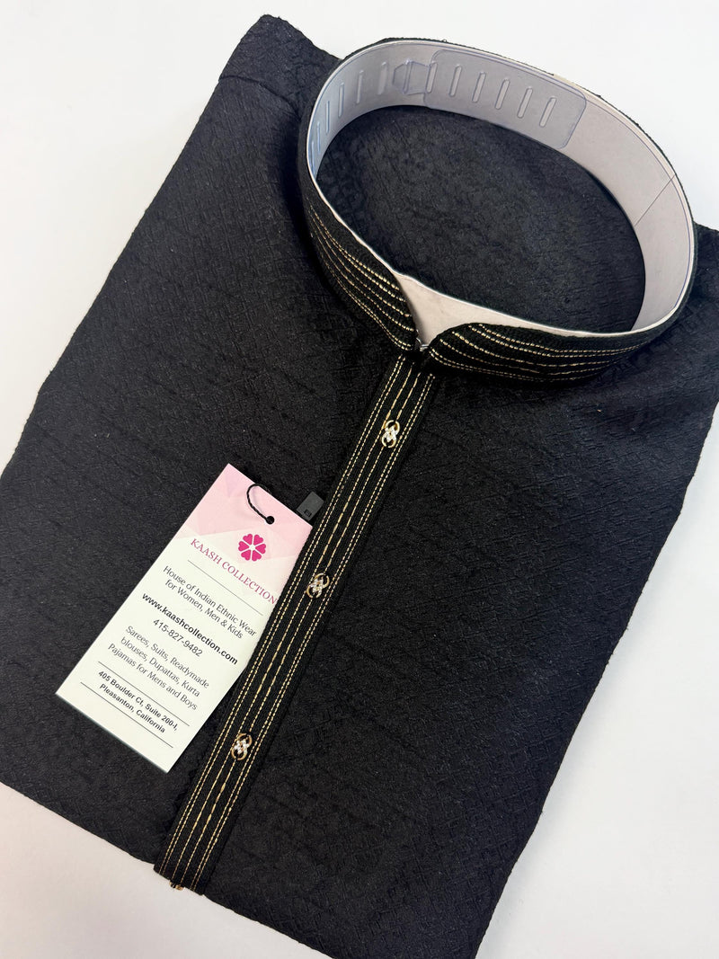 Black Color Raw Silk Men Kurta Pajama with Self Design material with Self Weave Pattern | Men Ethnic Wear | Wedding Wear Kurta