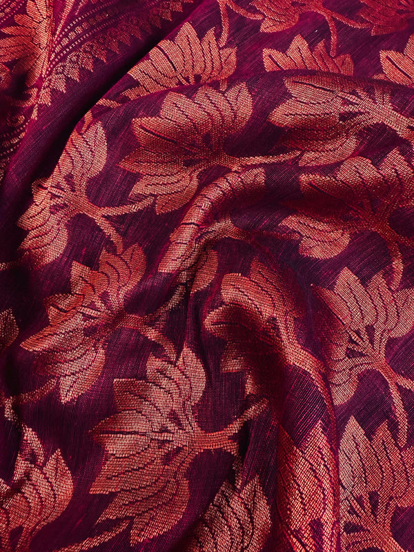 Handmade Eggplant Purple Color Saree in Linen Jamdani Saree with Copper Zari Weave