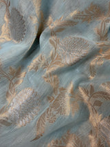 Pastel Sky Blue Linen Silk Saree with Banarasi Border and Pallu and Floral Jaal Weave | Pastel Blue Linen Silk Saree | Ships from California