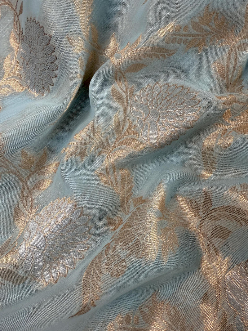Pastel Sky Blue Linen Silk Saree with Banarasi Border and Pallu and Floral Jaal Weave | Pastel Blue Linen Silk Saree | Ships from California
