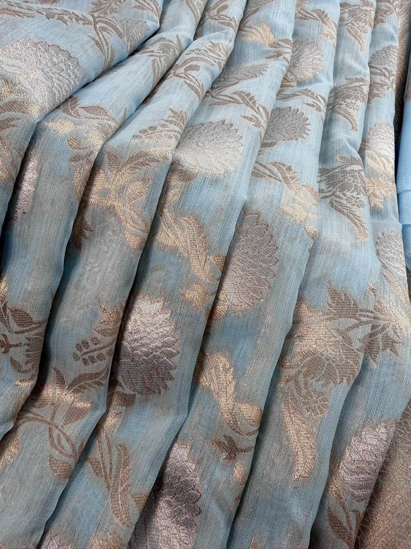 Pastel Sky Blue Linen Silk Saree with Banarasi Border and Pallu and Floral Jaal Weave | Pastel Blue Linen Silk Saree | Ships from California