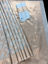 Pastel Sky Blue Linen Silk Saree with Banarasi Border and Pallu and Floral Jaal Weave | Pastel Blue Linen Silk Saree | Ships from California