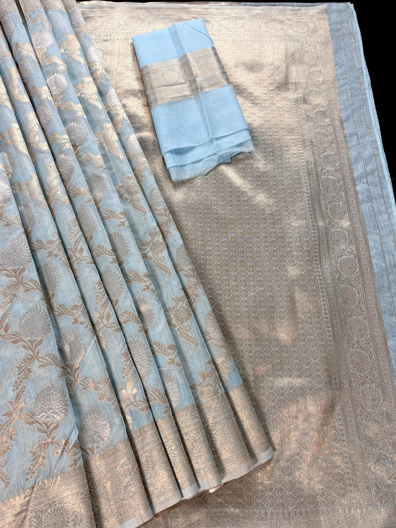 Pastel Sky Blue Linen Silk Saree with Banarasi Border and Pallu and Floral Jaal Weave | Pastel Blue Linen Silk Saree | Ships from California