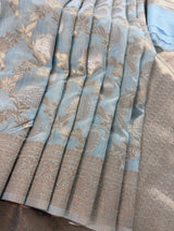 Pastel Sky Blue Linen Silk Saree with Banarasi Border and Pallu and Floral Jaal Weave | Pastel Blue Linen Silk Saree | Ships from California