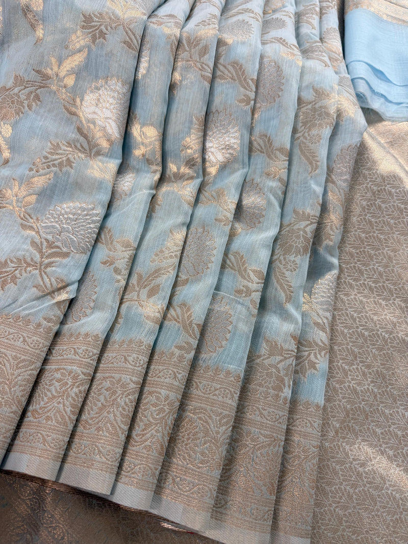 Pastel Sky Blue Linen Silk Saree with Banarasi Border and Pallu and Floral Jaal Weave | Pastel Blue Linen Silk Saree | Ships from California