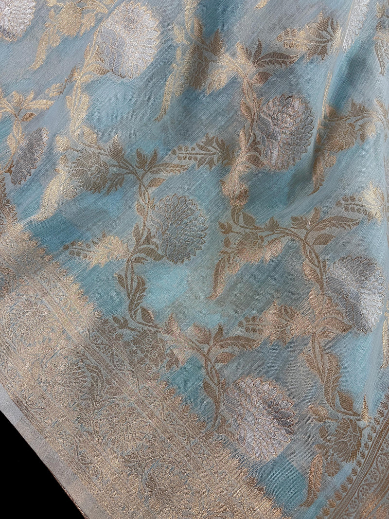 Pastel Sky Blue Linen Silk Saree with Banarasi Border and Pallu and Floral Jaal Weave | Pastel Blue Linen Silk Saree | Ships from California
