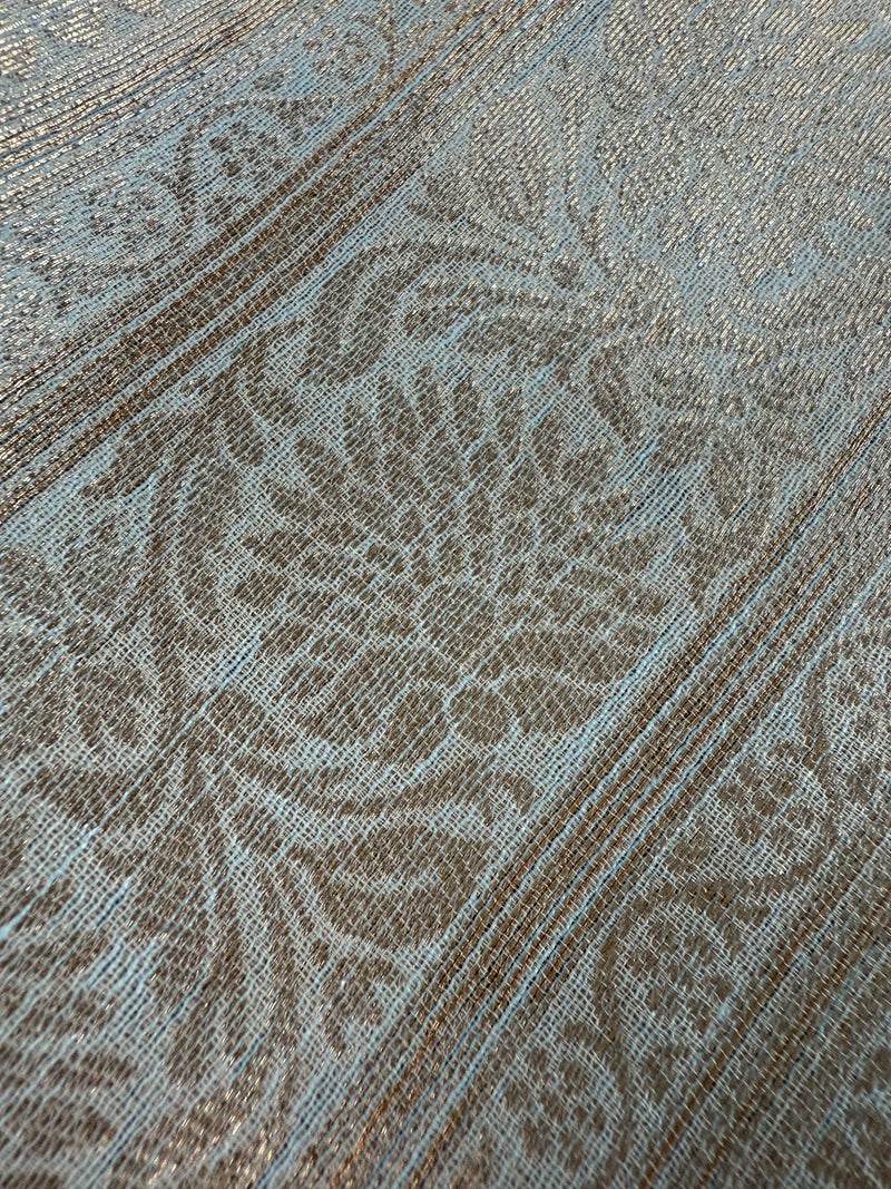 Pastel Sky Blue Linen Silk Saree with Banarasi Border and Pallu and Floral Jaal Weave | Pastel Blue Linen Silk Saree | Ships from California