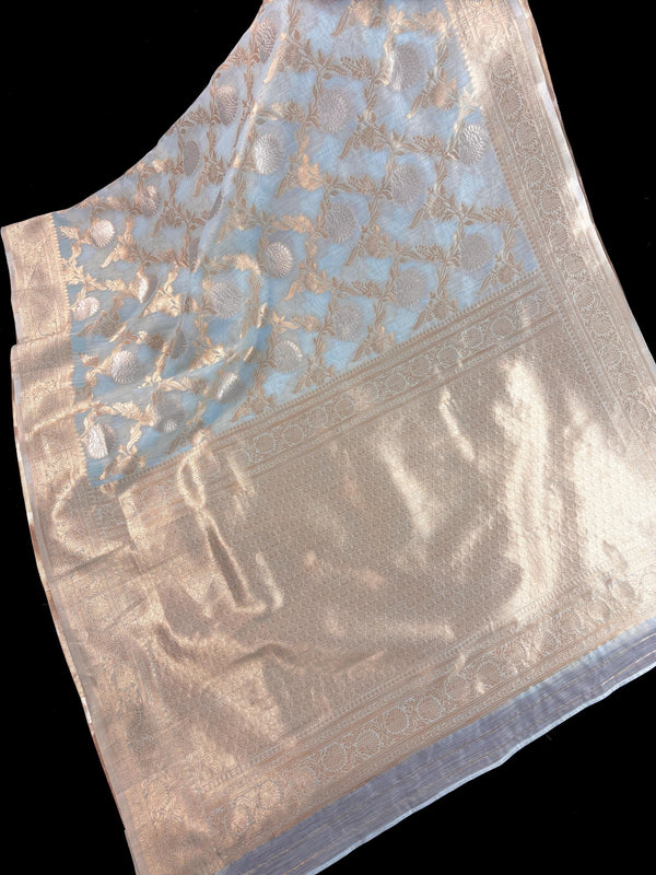 Pastel Sky Blue Linen Silk Saree with Banarasi Border and Pallu and Floral Jaal Weave | Pastel Blue Linen Silk Saree | Ships from California