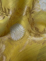 Pastel Yellow Linen Silk Saree with Banarasi Border and Pallu and Floral Jaal Weave | Pastel Blue Linen Silk Saree | Ships from California