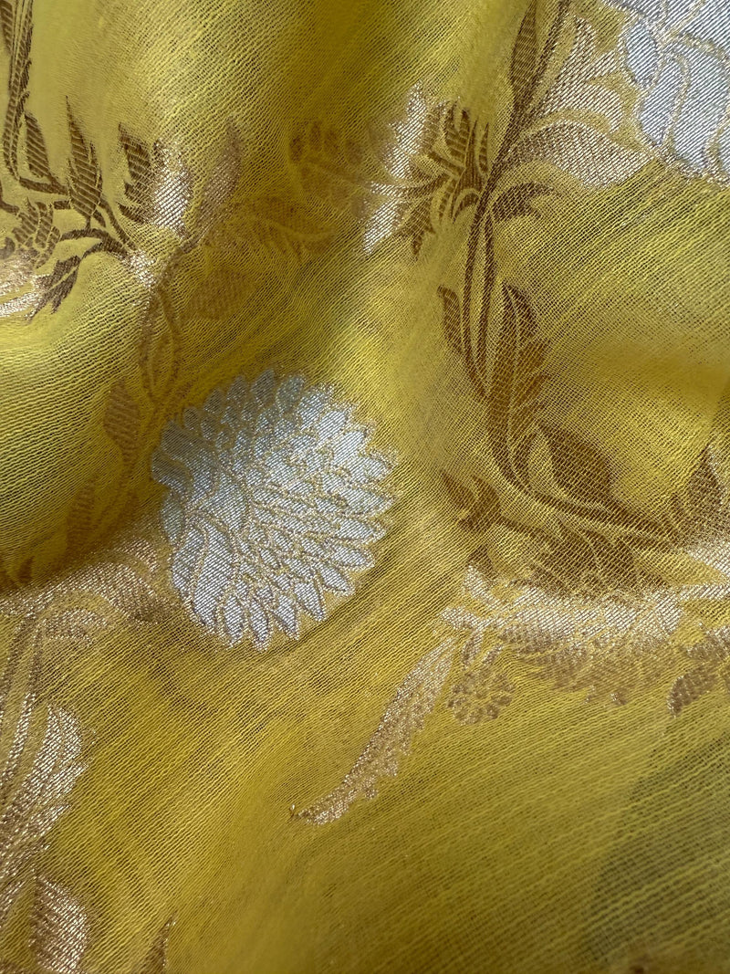 Pastel Yellow Linen Silk Saree with Banarasi Border and Pallu and Floral Jaal Weave | Pastel Blue Linen Silk Saree | Ships from California