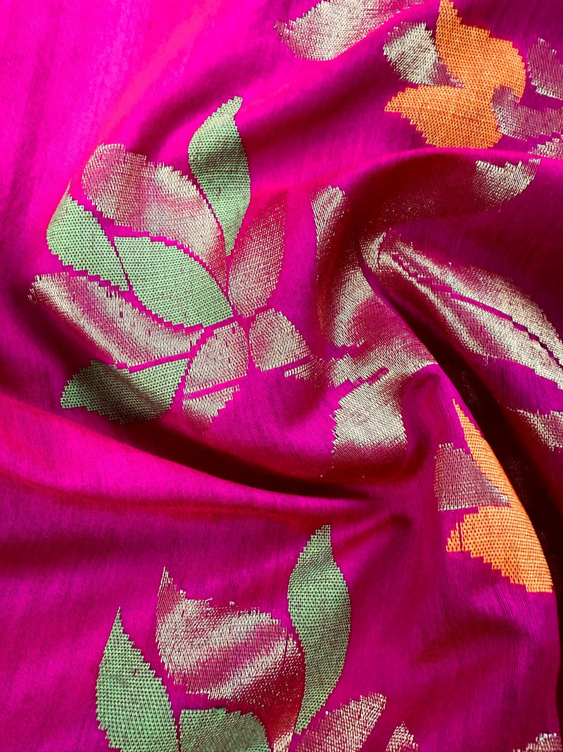 Handmade Rani Pink Bengal Silk Cotton Saree with Floral Pallu  | Cotton Silk Sarees | Soft Cotton Silk Saree with Meenakari and Zari Weave