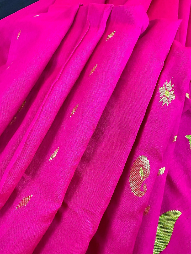 Handmade Rani Pink Bengal Silk Cotton Saree with Floral Pallu  | Cotton Silk Sarees | Soft Cotton Silk Saree with Meenakari and Zari Weave