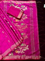 Handmade Rani Pink Bengal Silk Cotton Saree with Floral Pallu  | Cotton Silk Sarees | Soft Cotton Silk Saree with Meenakari and Zari Weave
