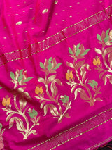 Handmade Rani Pink Bengal Silk Cotton Saree with Floral Pallu  | Cotton Silk Sarees | Soft Cotton Silk Saree with Meenakari and Zari Weave
