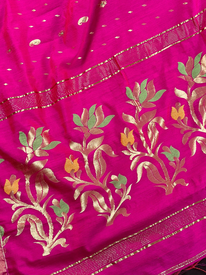 Handmade Rani Pink Bengal Silk Cotton Saree with Floral Pallu  | Cotton Silk Sarees | Soft Cotton Silk Saree with Meenakari and Zari Weave