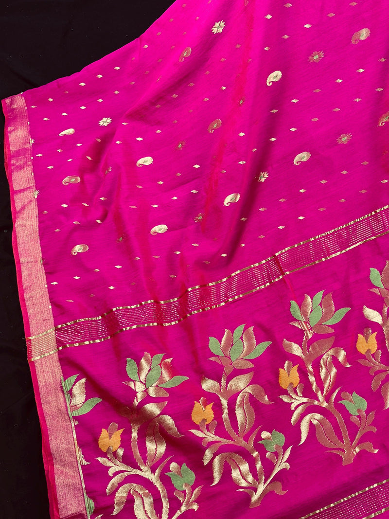 Handmade Rani Pink Bengal Silk Cotton Saree with Floral Pallu  | Cotton Silk Sarees | Soft Cotton Silk Saree with Meenakari and Zari Weave