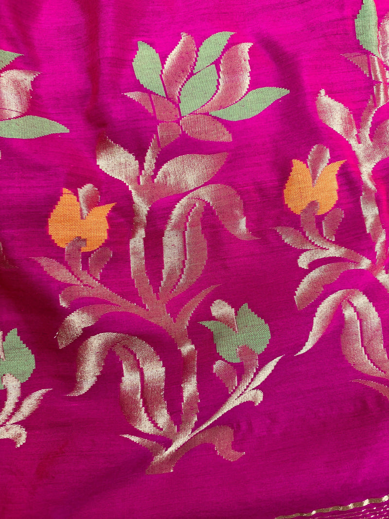 Handmade Rani Pink Bengal Silk Cotton Saree with Floral Pallu  | Cotton Silk Sarees | Soft Cotton Silk Saree with Meenakari and Zari Weave