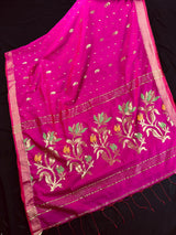 Handmade Rani Pink Bengal Silk Cotton Saree with Floral Pallu  | Cotton Silk Sarees | Soft Cotton Silk Saree with Meenakari and Zari Weave
