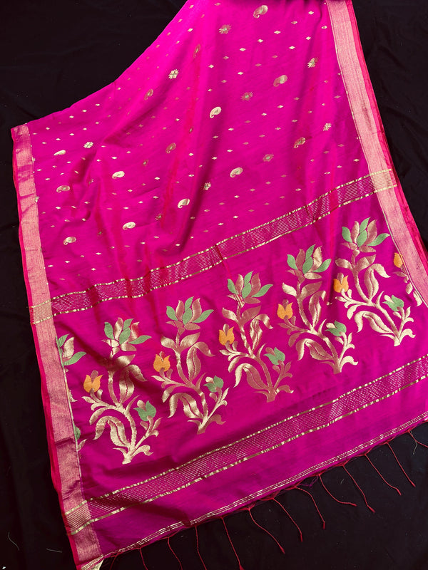 Handmade Rani Pink Bengal Silk Cotton Saree with Floral Pallu  | Cotton Silk Sarees | Soft Cotton Silk Saree with Meenakari and Zari Weave