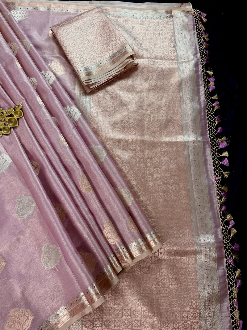 Statement Onion Pink Color Soft Tissue Silk Saree with small Banarasi Border and Pallu | Muted Gold and Sliver Leaves Buttas