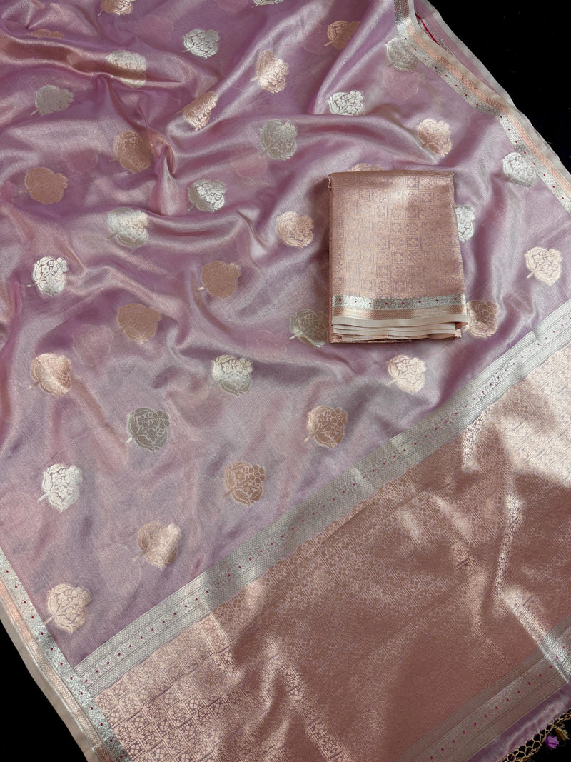 Statement Onion Pink Color Soft Tissue Silk Saree with small Banarasi Border and Pallu | Muted Gold and Sliver Leaves Buttas