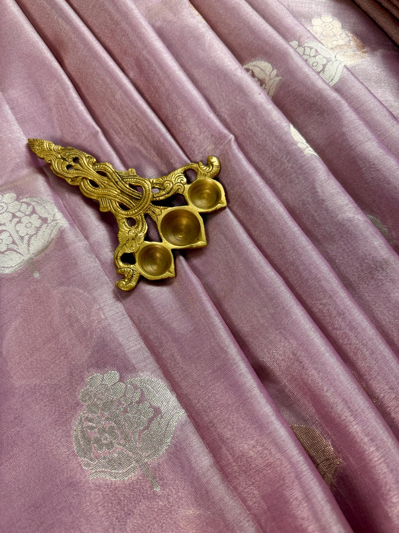 Statement Onion Pink Color Soft Tissue Silk Saree with small Banarasi Border and Pallu | Muted Gold and Sliver Leaves Buttas