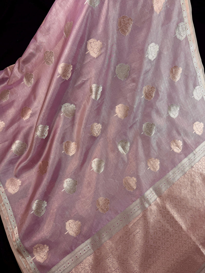 Statement Onion Pink Color Soft Tissue Silk Saree with small Banarasi Border and Pallu | Muted Gold and Sliver Leaves Buttas