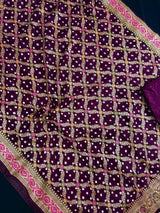 Handmade Purple Color Bandhej Saree in Dupion Silk with Meenakari Work and Muted Gold Zari | Handwoven Sarees | Bandhani Sarees