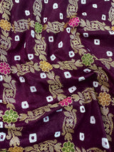 Handmade Purple Color Bandhej Saree in Dupion Silk with Meenakari Work and Muted Gold Zari | Handwoven Sarees | Bandhani Sarees