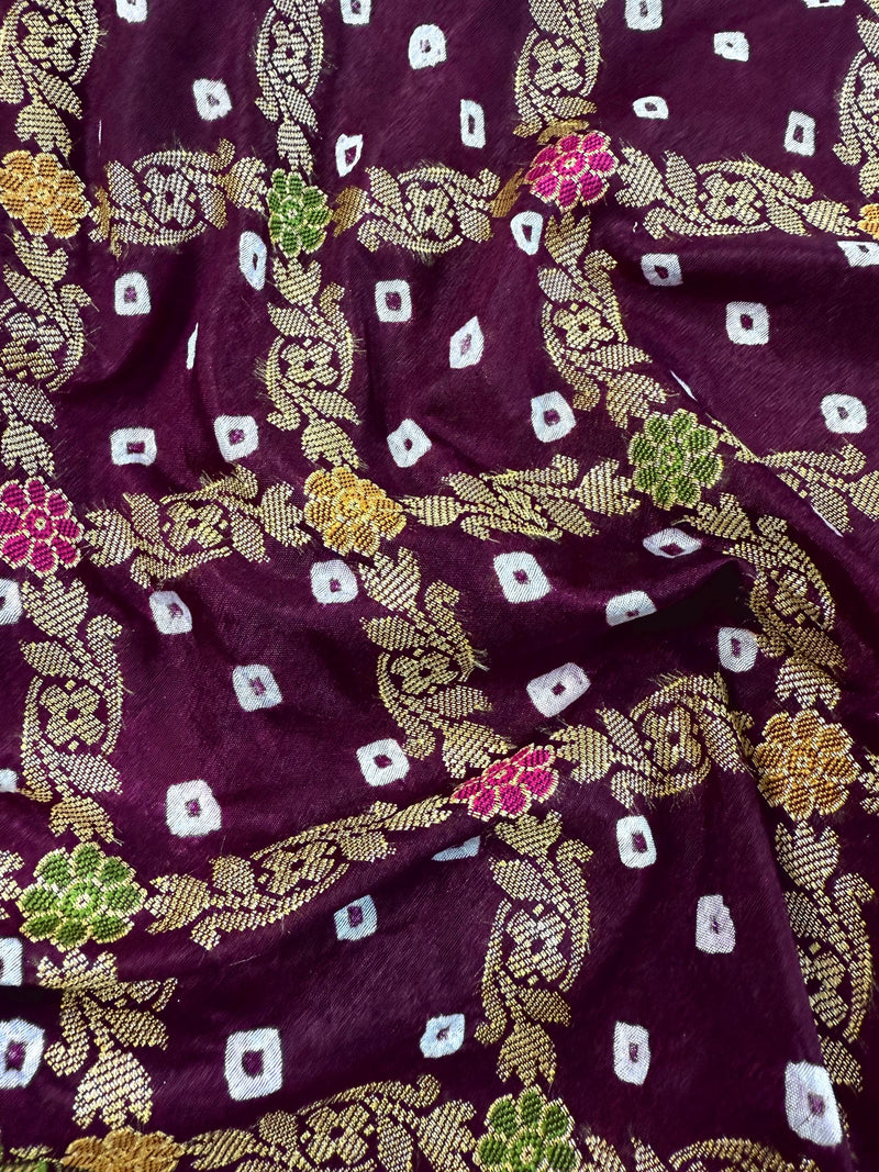 Handmade Purple Color Bandhej Saree in Dupion Silk with Meenakari Work and Muted Gold Zari | Handwoven Sarees | Bandhani Sarees