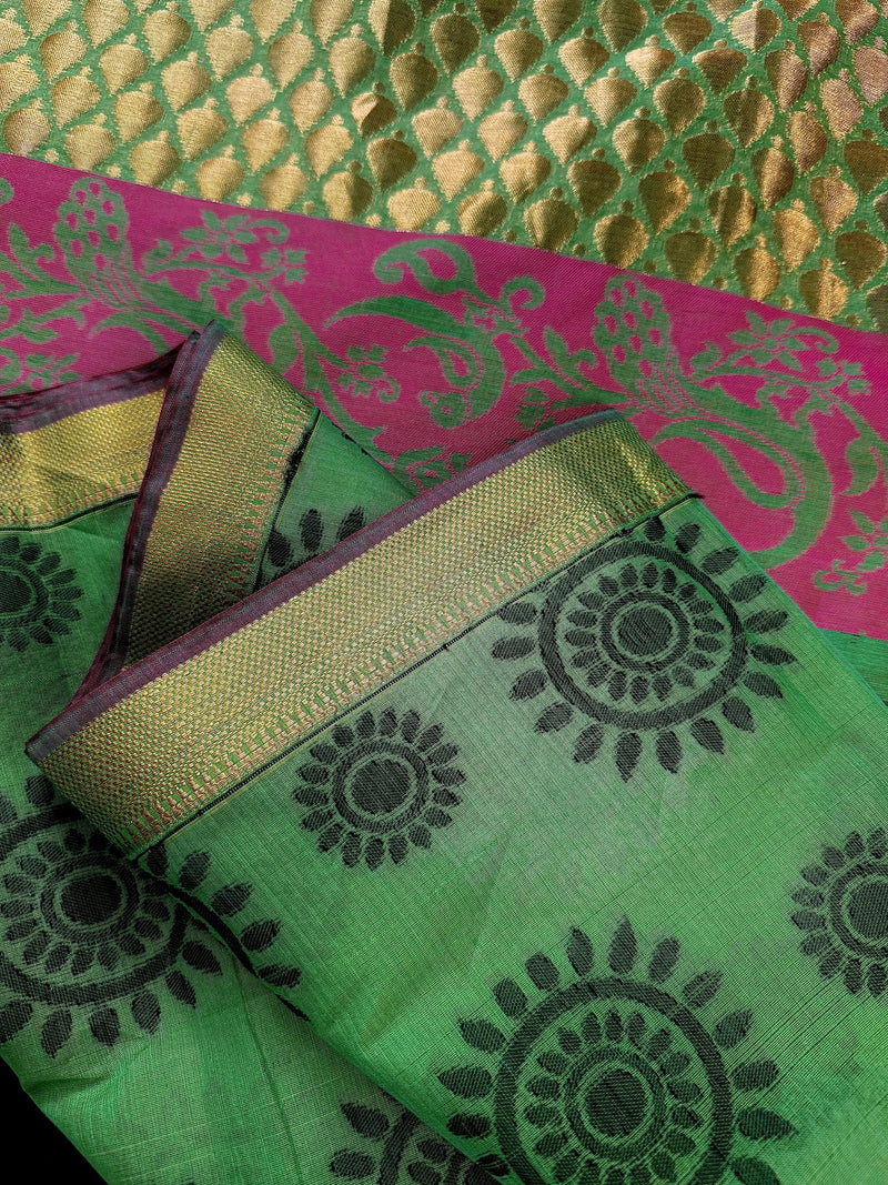 Handmade Green Color Saree with Temple Border  | Cotton Silk Sarees | Soft Cotton Silk Saree with Meenakari | Ships from California