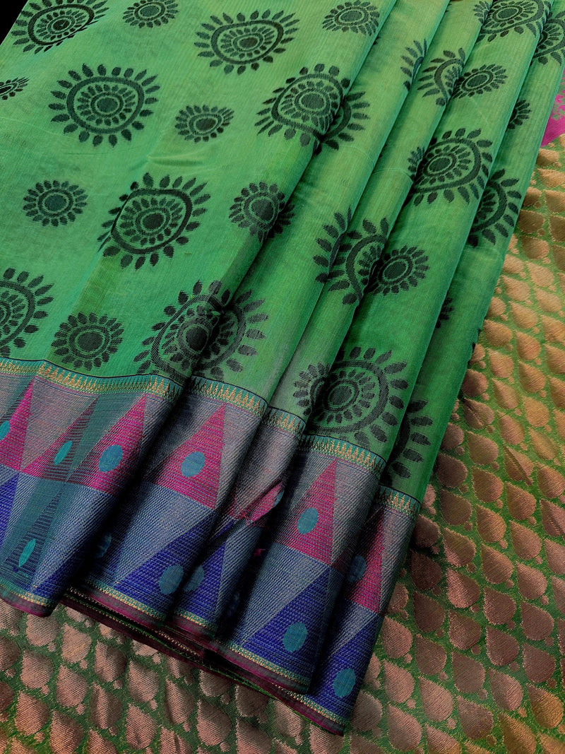 Handmade Green Color Saree with Temple Border  | Cotton Silk Sarees | Soft Cotton Silk Saree with Meenakari | Ships from California