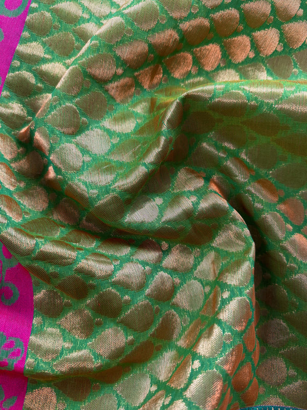 Handmade Green Color Saree with Temple Border  | Cotton Silk Sarees | Soft Cotton Silk Saree with Meenakari | Ships from California