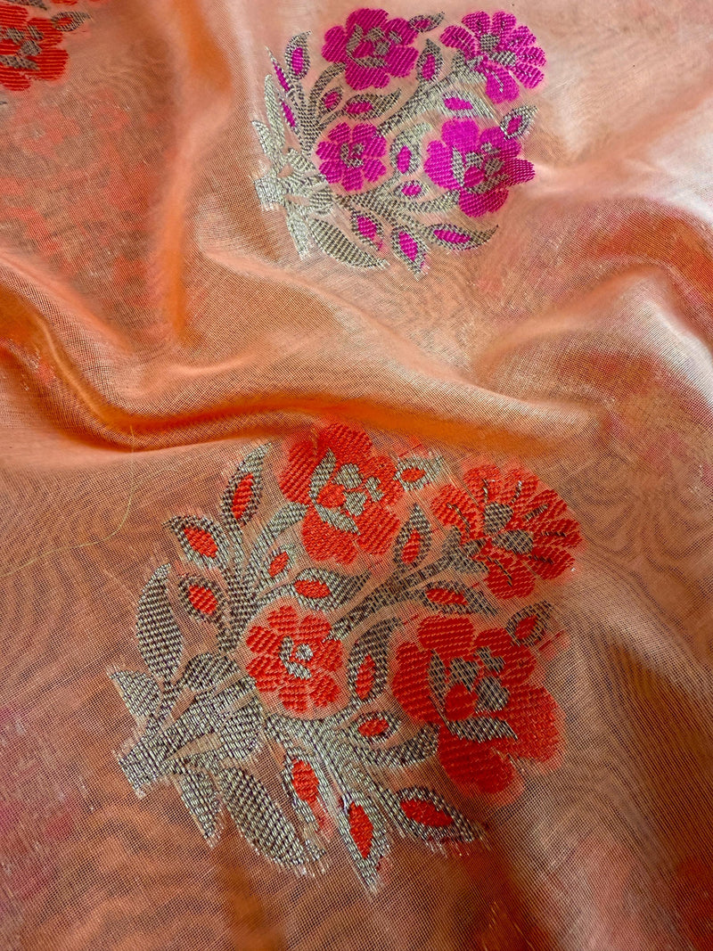 Peach Color Soft Cotton Silk Saree with Floral Buttas | Zari Weaving buttas with Banarasi Borders with Antique Zari | Soft Cotton Silk Saree
