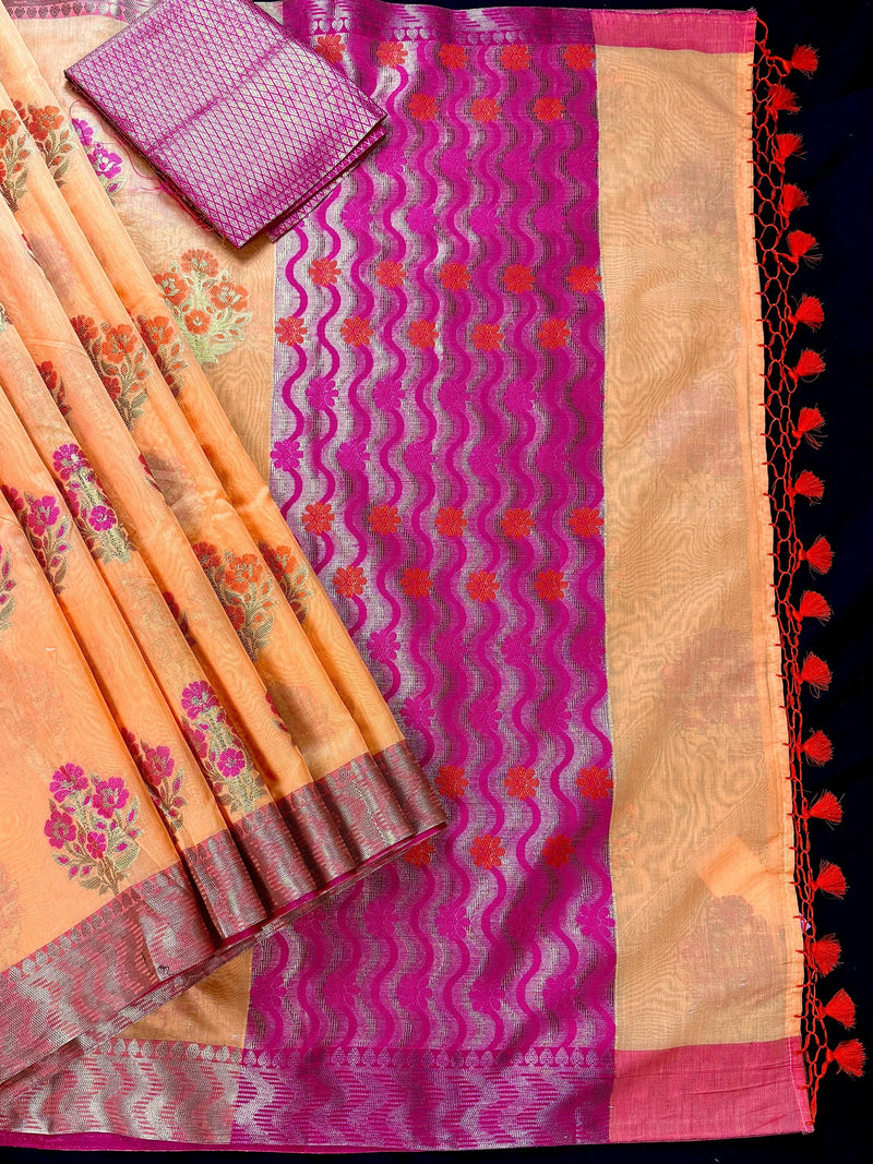 Peach Color Soft Cotton Silk Saree with Floral Buttas | Zari Weaving buttas with Banarasi Borders with Antique Zari | Soft Cotton Silk Saree