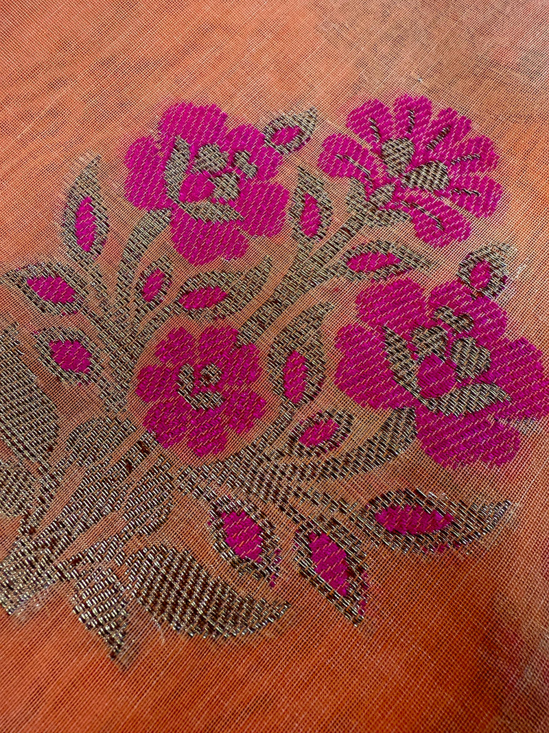 Peach Color Soft Cotton Silk Saree with Floral Buttas | Zari Weaving buttas with Banarasi Borders with Antique Zari | Soft Cotton Silk Saree