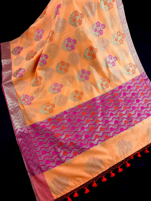 Peach Color Soft Cotton Silk Saree with Floral Buttas | Zari Weaving buttas with Banarasi Borders with Antique Zari | Soft Cotton Silk Saree