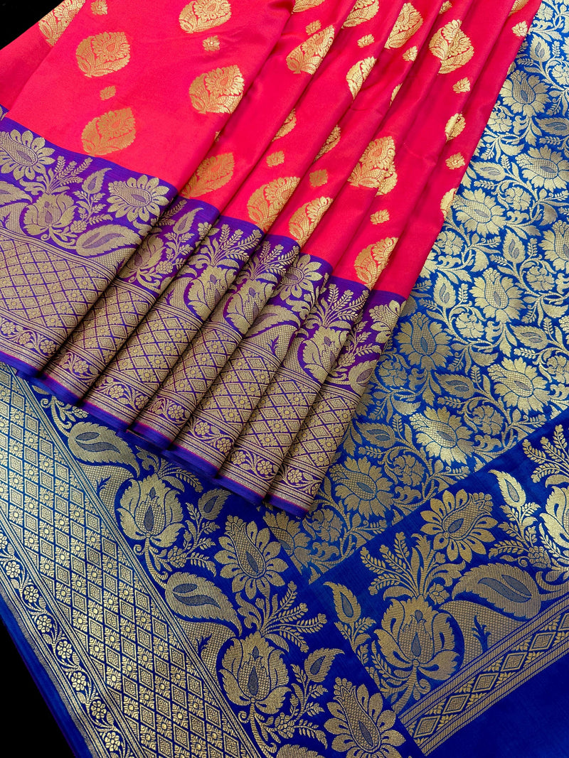 Dual shade Peach Pink Hot Pink with Purple border and Blue Pallu combination Traditional Border Banarasi Handloom Soft Silk Saree
