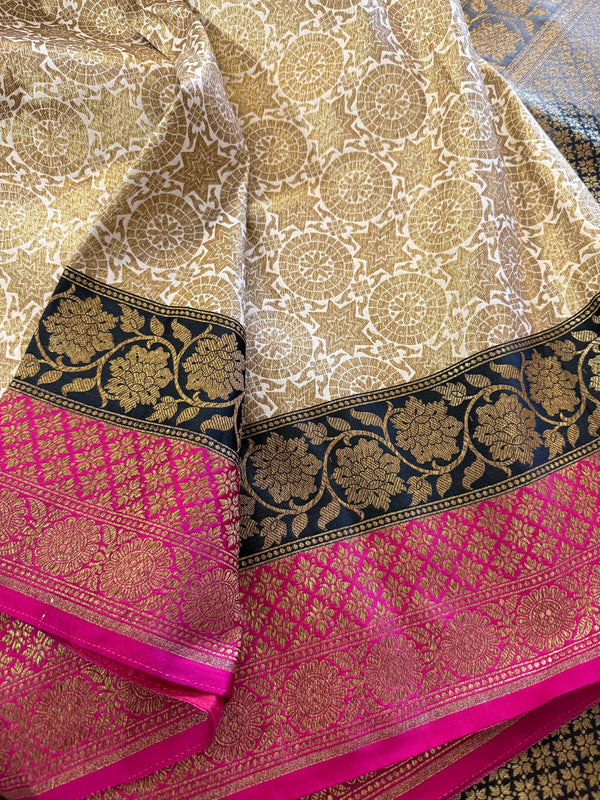 Off White with Pink and Black Traditional Banarasi Silk Handloom Saree with Antique Zari Weave | Chakra Pattern Saree