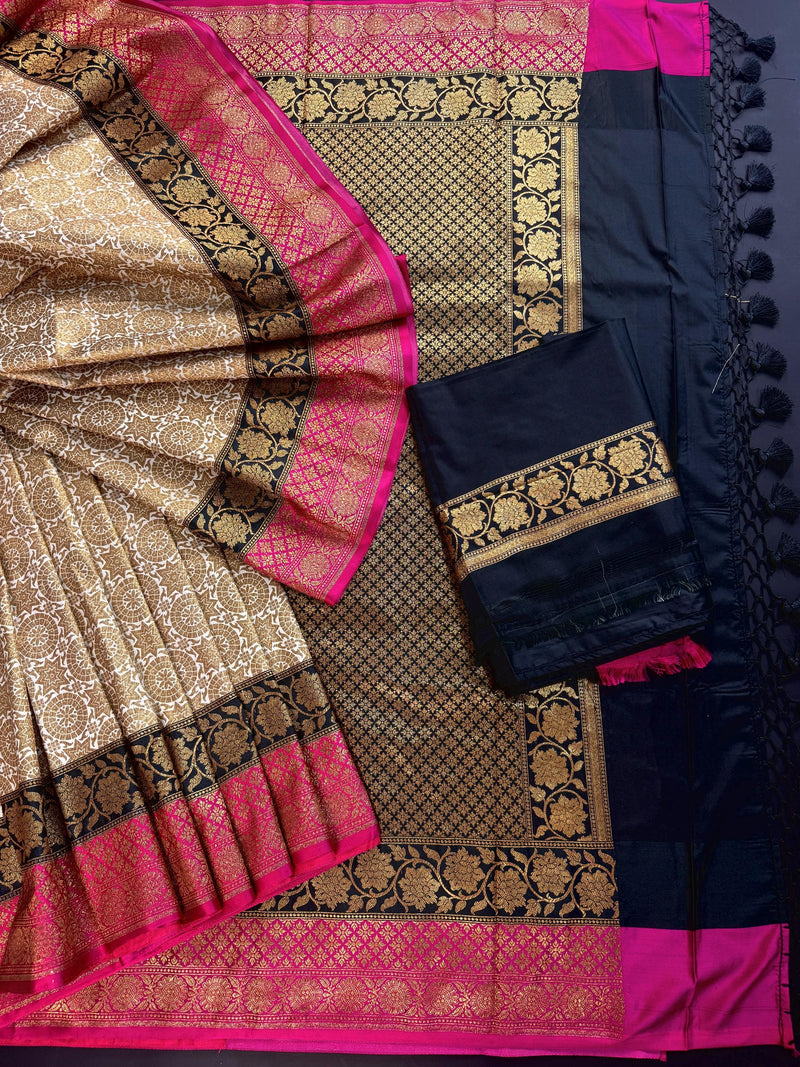 Off White with Pink and Black Traditional Banarasi Silk Handloom Saree with Antique Zari Weave | Chakra Pattern Saree