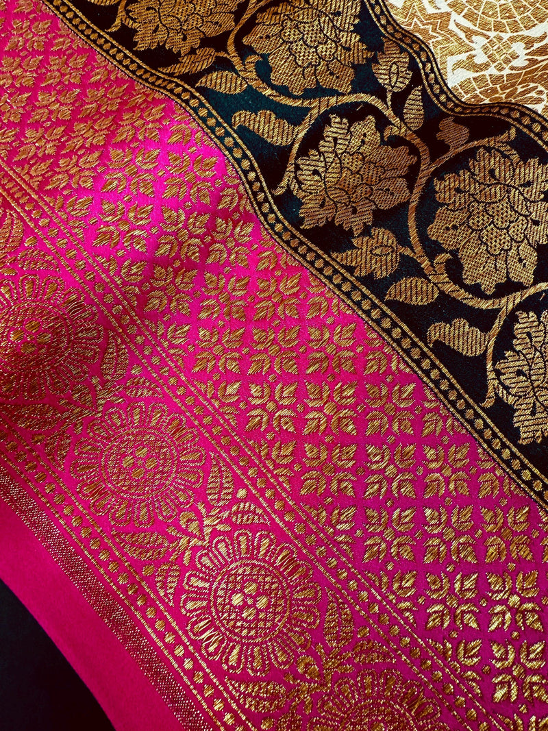 Off White with Pink and Black Traditional Banarasi Silk Handloom Saree with Antique Zari Weave | Chakra Pattern Saree