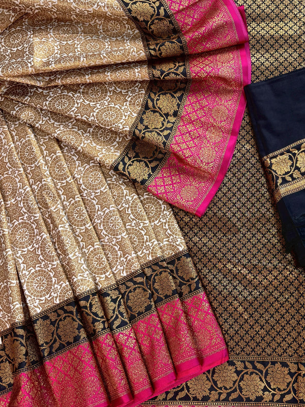 Off White with Pink and Black Traditional Banarasi Silk Handloom Saree with Antique Zari Weave | Chakra Pattern Saree