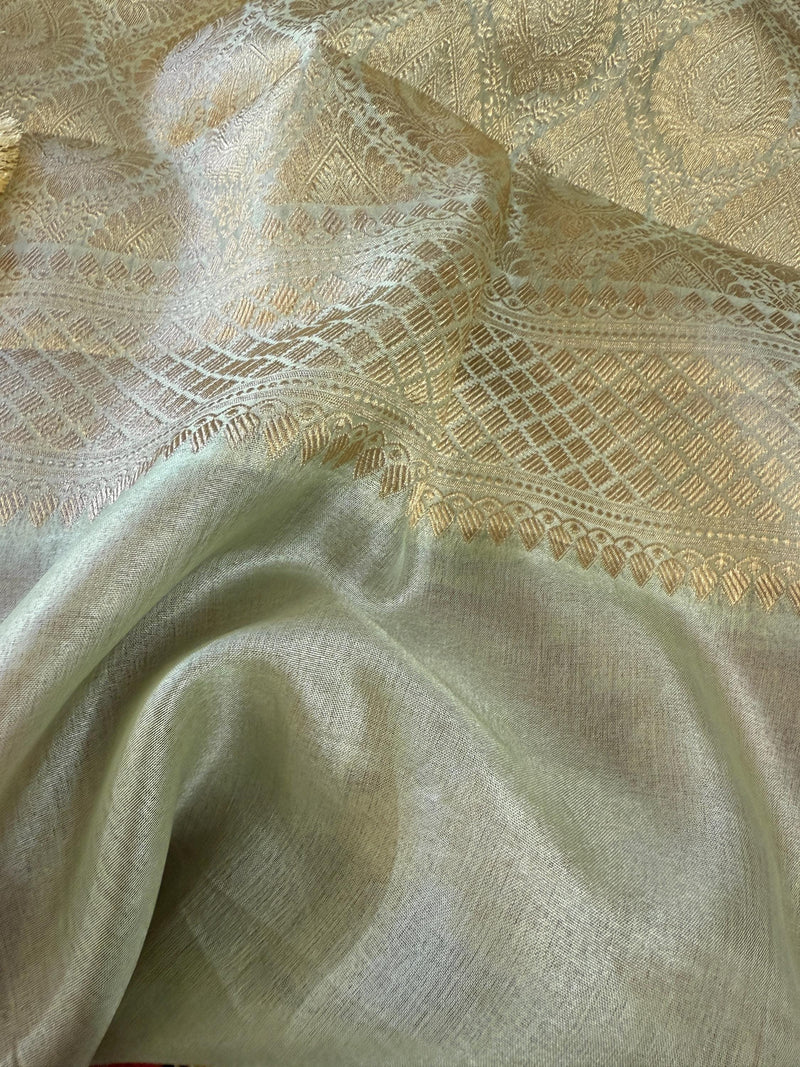 Red and Pastel Aqua Color Pure Banarasi Tussar Silk Saree with Copper and Muted Gold Zari Weave Jaal Meenakari Saree | Silk Mark Certified