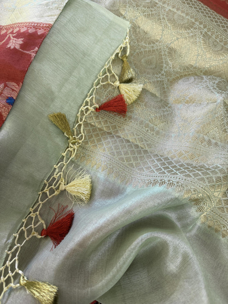 Red and Pastel Aqua Color Pure Banarasi Tussar Silk Saree with Copper and Muted Gold Zari Weave Jaal Meenakari Saree | Silk Mark Certified