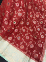 Red and Pastel Aqua Color Pure Banarasi Tussar Silk Saree with Copper and Muted Gold Zari Weave Jaal Meenakari Saree | Silk Mark Certified