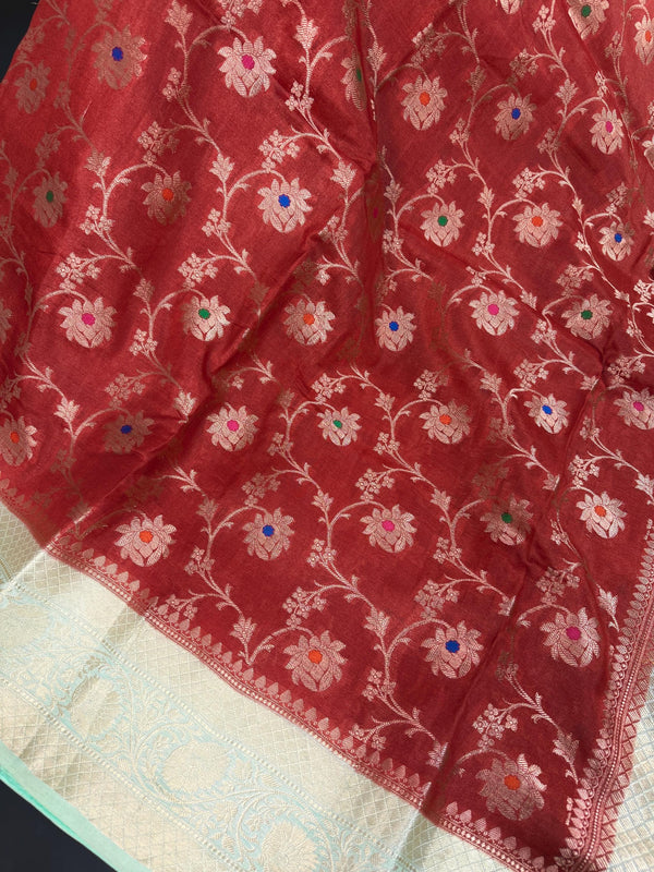 Red and Pastel Aqua Color Pure Banarasi Tussar Silk Saree with Copper and Muted Gold Zari Weave Jaal Meenakari Saree | Silk Mark Certified