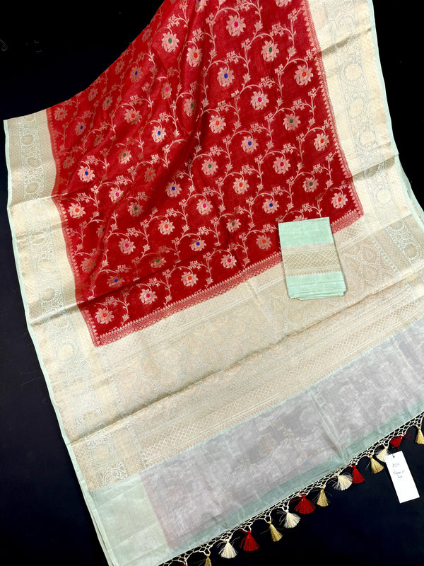 Red and Pastel Aqua Color Pure Banarasi Tussar Silk Saree with Copper and Muted Gold Zari Weave Jaal Meenakari Saree | Silk Mark Certified