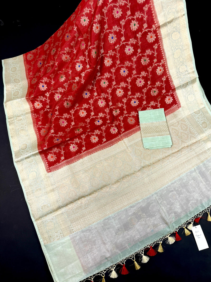 Red and Pastel Aqua Color Pure Banarasi Tussar Silk Saree with Copper and Muted Gold Zari Weave Jaal Meenakari Saree | Silk Mark Certified