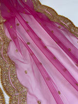 China Rose Color Net Dupatta with Gold Zari, Sequin and Beads | Lavender Wedding Dupatta | Sequin Dupattas | Indian Dupatta for Lehanga